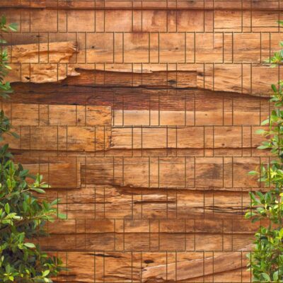 Holz & Lorbeer – Bedruckter Sichtschutz für Doppelstabmattenzaun | Natürliches Holzdesign mit Lorbeer-Motiv | 2,5 m × 1,8 m | Wetterfest, UV-beständig & blickdicht