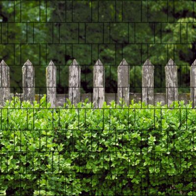 Holzzaun & Buxus – Bedruckter Sichtschutz für Doppelstabmattenzaun | Natürliches Holz- & Buchsbaumdesign | 2,5 m × 1,8 m | UV-beständig & wetterfest