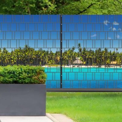 Palm Beach – Panorama XL dekorative Sichtschutzstreifen für Doppelstabmattenzaun | 1,8 m × 5 m | UV-beständig & wetterfest | Hochwertiger Polyester-Sichtschutz