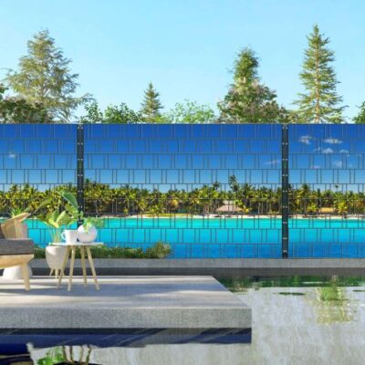 Palm Beach – Panorama XXL bedruckte Sichtschutzstreifen für Doppelstabmattenzaun | 1,8 m × 7,5 m | UV-beständig, wetterfest & blickdicht | Hochwertiger PES-Sichtschutz mit Strandmotiv