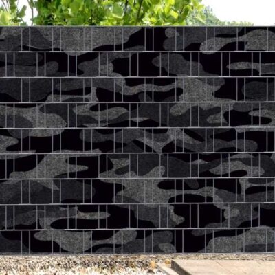 Florenz Camouflage – Melange mit schwarzem Motivdruck | Design-Zaunsichtschutz für Doppelstabmattenzaun | 2,5 m × 1,8 m | moderne Optik & recyceltes PET