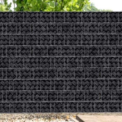 Florenz Korbgeflecht – Melange mit schwarzem Motivdruck | Design-Sichtschutzstreifen für Doppelstabmattenzaun | 2,5 m × 1,8 m | UV-beständig & nachhaltig aus recyceltem PET